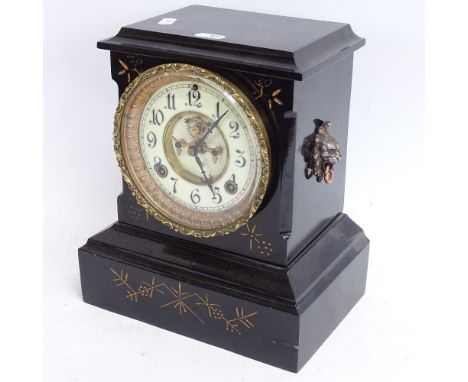 A late 20th century Ansonia Clock Co black painted cast-iron 8-day mantel clock, enamel dial with painted Arabic numerals and