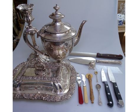 A Victorian engraved coffee pot, a silver plate on copper entree dish and cover, a candlestick, and various cutlery 