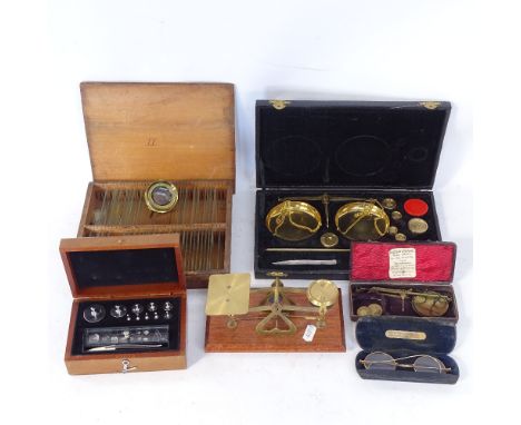 Various microscope slides, including R&amp;J Beck spinal cord and uterus studies, a set of postal scales and weights, gentlem