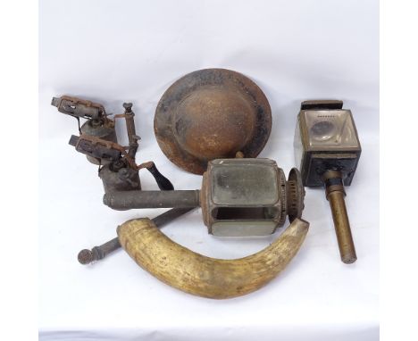 Various collectables, including Second War tin helmet, 2 glass panelled carriage lanterns, Vintage hand pump etc 