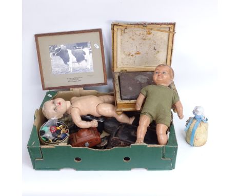 Various collectables, including Kodak camera, glass chandelier lustres, foot warming stool, dolls etc 