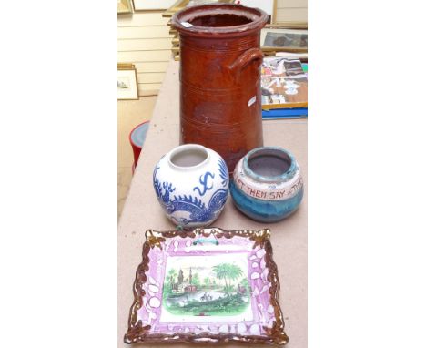 A Victorian lustre wall plaque, a Charlotte Rhead vase with dragon decoration, 15cm, a churn, and a motto pot 