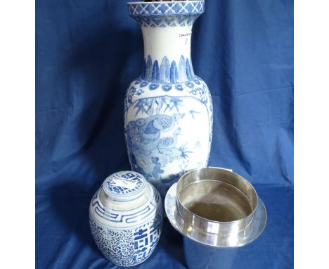 A Chinese blue and white vase, 64cm, a ginger jar and cover, an ice bucket, and shooting stick 