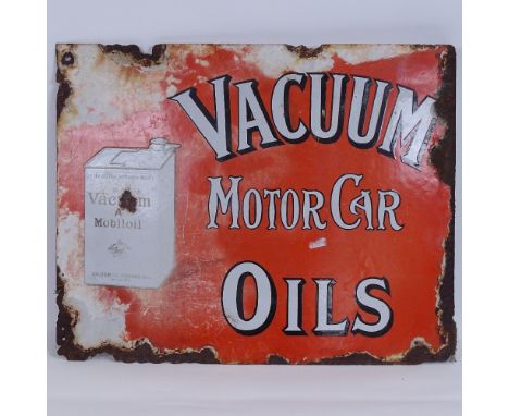 A Vintage Vacuum Mobiloil Motor Car Oils pictorial red and white enamel double-sided advertising sign, length 51cm 