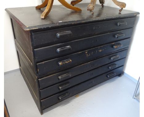 A Vintage black painted 2-section 6-drawer Plan chest 