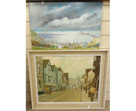 Maurice, oil on board, view of Hastings fishing harbour, and C Ward, oil on board, Canterbury West Gate, 33cm x 49cm, and 40c