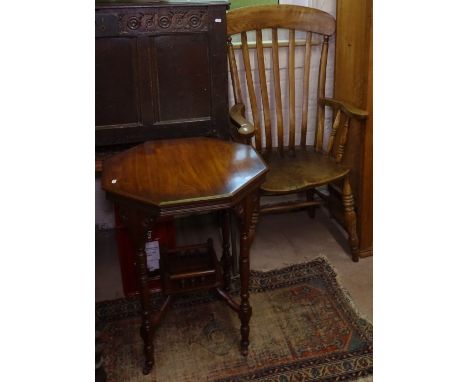 An elm-seated stick-back kitchen Windsor armchair, a walnut octagonal occasional table, and a modern oak corner display cupbo