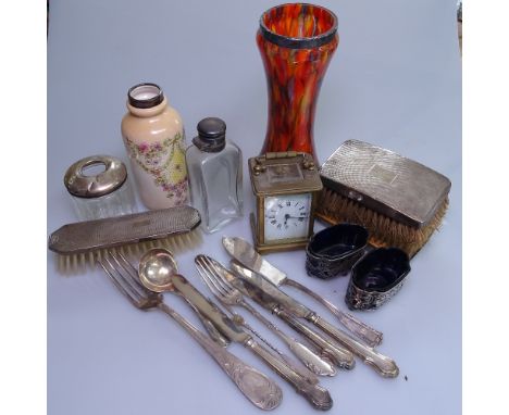 3 engine turned silver-backed dressing table brushes, a hair tidy with silver mount, 2 silver-rimmed vases, silver-handled cu