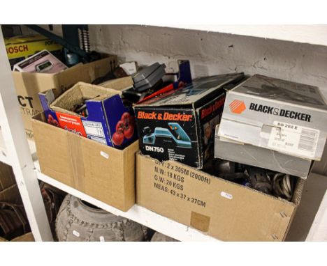 4 boxes of various hand tools and accessories, to include plane, sander, hand tools, pillar drill, router etc 
