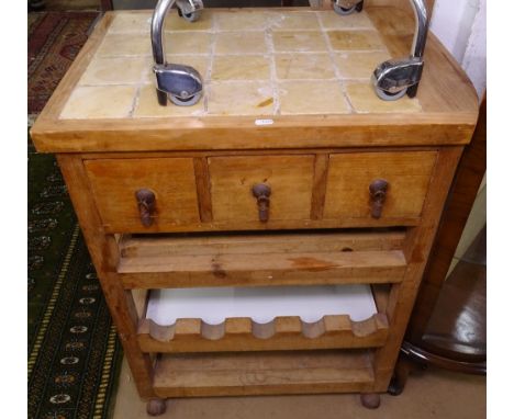 A pine and tile-top butcher's block, with fitted drawers, shelf and wine rack under, W67cm 