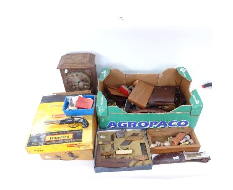 Various collectables, including stag horn-handled hunting knife, oak-cased mantel clock, various wristwatches, tools, cutlery