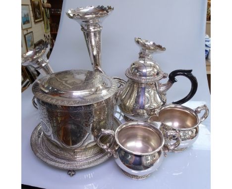 A Mappin &amp; Webb silver plated 3-piece tea set, with inscription to R H Hayley-Barker 1983, a 3-section silver plated tabl