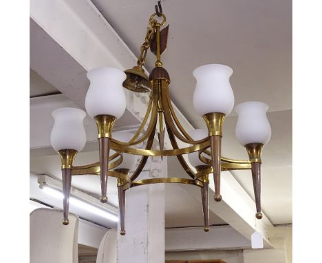 A French brass 6-branch hanging chandelier and glass shades 