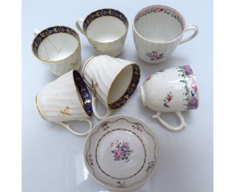 4 early Worcester cups with crescent marks, a New Hall dish and 2 early cups 