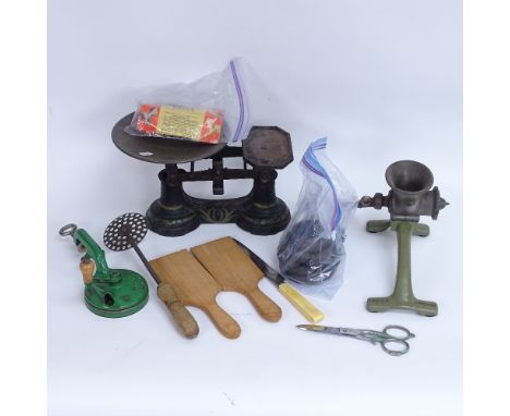 Various kitchenalia, including scales, grinder etc 