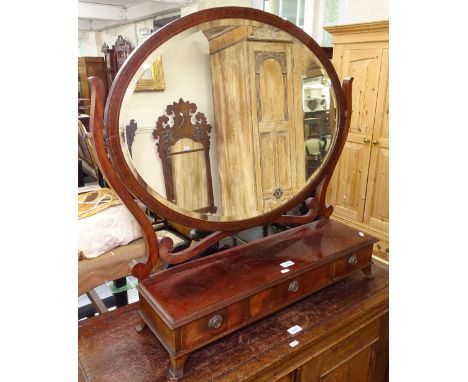 A late Victorian mahogany and satinwood-strung box swing toilet mirror, with 3 short drawers, on bracket feet, W75cm 