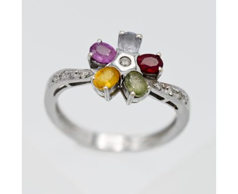 An 18ct white gold multi coloured gem stone and diamond 'flower' ring, size O.