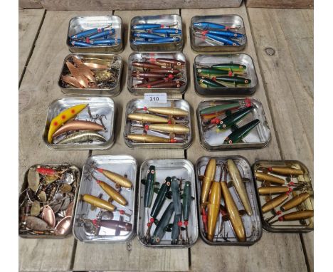 Tray of Dibro, Abu and Canadian Wriggler lures; Dibro Devon Minnows and various named spinning lures.