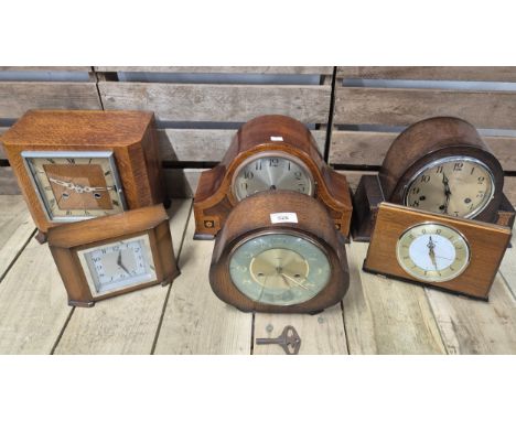 A Lot of six antique and vintage mantle clocks; Edwardian mahogany cased clock, Smiths clock and Metamec clock.