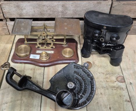 Antique postal scales with weights, The Rapid Marmalade Cutter by Follows &amp; Bate Ltd &amp; Ruhnke Fabrikat binoculars and
