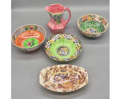 A Collection of Maling Lustre ware; Pink Thumb print jug, Maling Lustre orange glazed bowl, Green thumb print "Peony Rose" bo