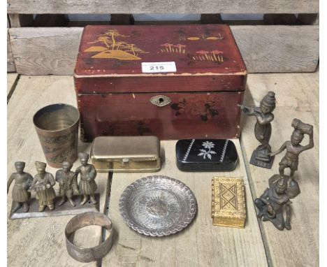 Vintage lacquered box and contents; Three various snuff boxes, Birmingham silver napkin ring, Four various Bronze Deity and g