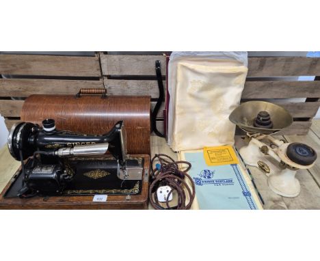 Electric Singer sewing machine within carry case- Y1618386, The Viking kitchen scales with weights and two boxed Rayon and Co