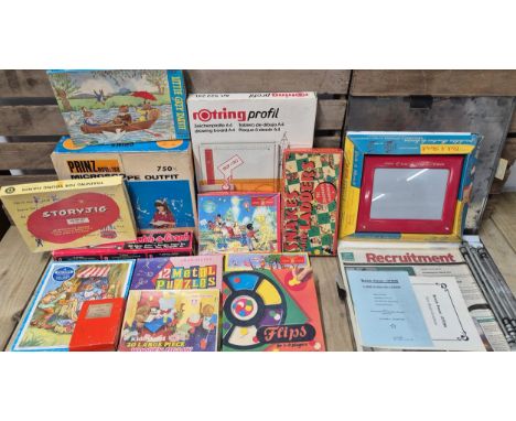 A Selection of Vintage Wooden Jigsaws; Vintage Sketch a Graph, Prinz microscope outfit with slides &amp; other items