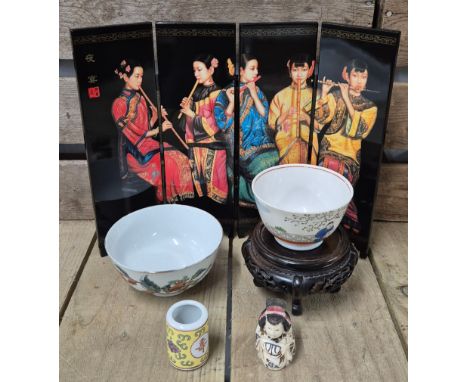 Tray of Chinese collectables; C1800 Chinese tea bowl hand painted with figures. 20th century tea cup painted with a floral de