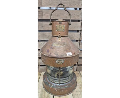 Antique ships copper and glass Masthead ships lantern; Having original burner present, No.10501, M.P.GALLOWAY LIMITED LEITH. 