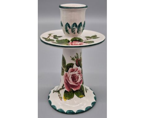 Wemyss ware Cabbage rose design candlestick. Exon 777, B. Adams. [15cm high]