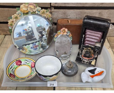 Tray of collectable odds; Barbola Mirror's, Scottish pottery sugar bowl and shallow dish, Curling stone shaped vesta/ match s