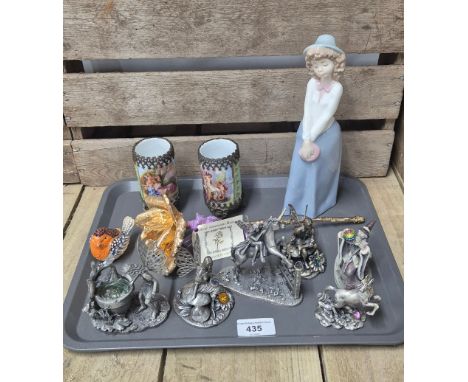 Tray of collectables; Myth and Magic pewter figures- Fairies and Unicorns, Real American Rose 24ct gold plated, Nao girl figu