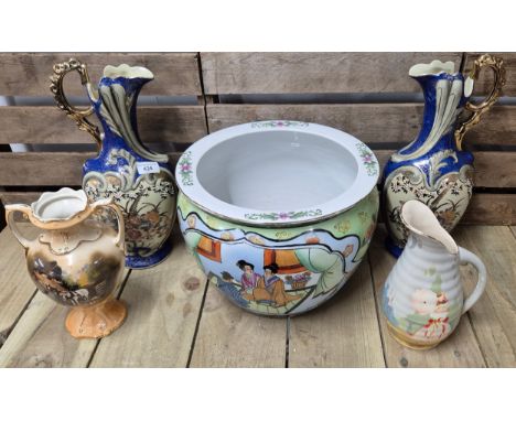 Large Chinese porcelain planter, Art Deco water jug, Pair of Oriental themed water jugs and Victorian style vase. [Planter- 2