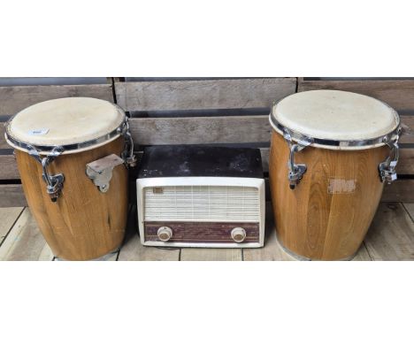 Two vintage bongo drums and Philips radio. 