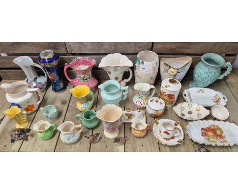 A Large collection of Porcelain wares; Maling Lustre ware Jug, vase, Crown Devon ware fruit pattern dishes, art deco jugs &am