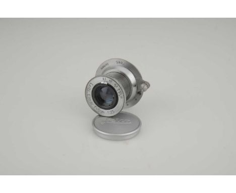 A Leitz Elmar f/3.5 50mm Lens,chrome, serial no. 395654, body, F-G, elements, G, some internal haze and light internal marks,