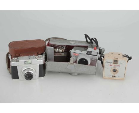 a Gevaert Gevalux 144 Film Camera,with makers case and flash attachment. Also with an Imperial Satelite 127, and a Franka cam