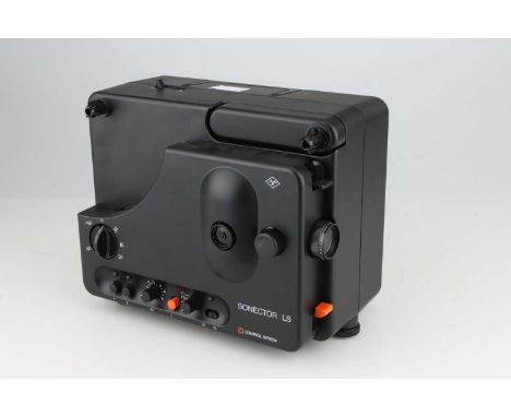 An Agfa Sonector LS Film Projector,black, powers on, winds forwards and backwards, speakers crackle when sound dial is turned