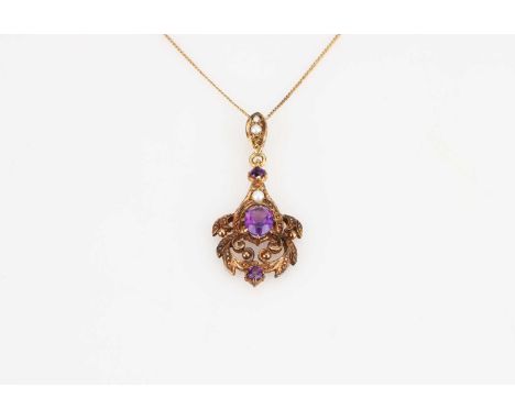 A Gold Pendant NecklacePendant set with amethysts and small pearls (one pearl missing), mount 9ct, hallmarked London 1979, wi