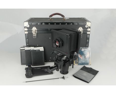 A Sinar F2 5x4" Monorail Camera,1990-, black, serial no. 82504, with Sinar Sinaron S MC f/5.6 210mm lens, in Prontor 1S shutt