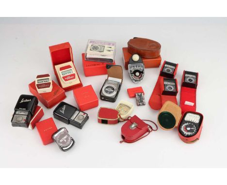 A Selection of Light Meters in Red Presentation Boxes,including a Leningrad 4, a Mini Rexen, a Colonial Photo House Weston II
