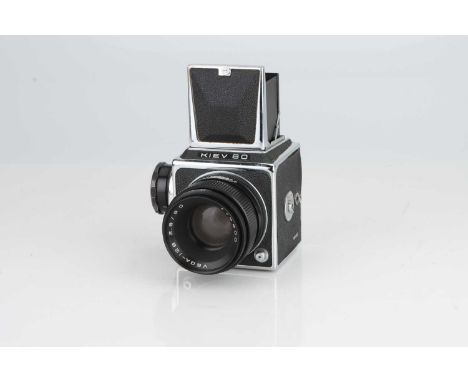 A Kiev 80 Medium Format SLR Camera,black/chrome, with Vega-12B 90mm f/2.8 lens, body F-G, shutter not working, missing film b