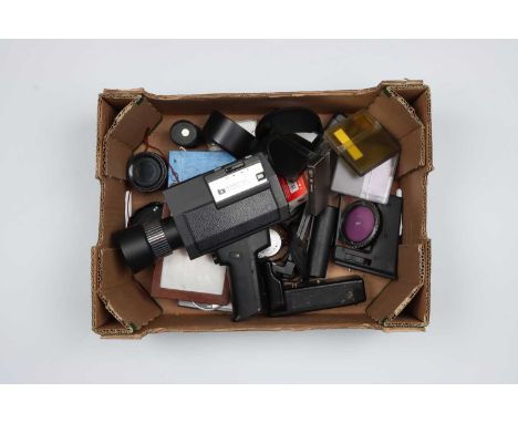 A Mixed Box of Photographic Accessories,including a Comet 22 Cine Camera, light meters, Cokin filters, and more (a lot).