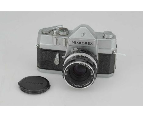 A Nikon Nikkorex SLR Camera,chrome, with Nikkor-H f/2 50mm lens, black, serial no. 1008362, body, F, shutter not working, len