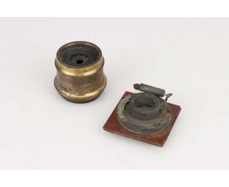 Brass Bound Camera Lens,halfplate brass bound lens engraved 'Lancaster &amp; Son, Patent Birm'n'' and a small lens and piston