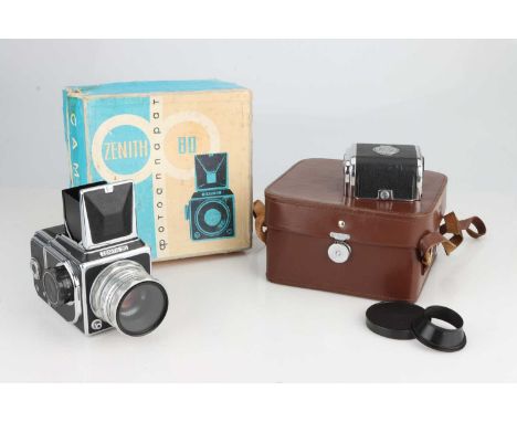 A Zenith 80 Medium Format SLR Camera,black and chrome, with Industar-29 80mm f/2.8 lens, body VG-E, shutter working, slow spe