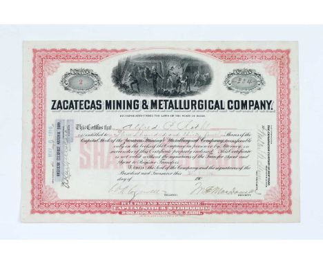 Zacatecas Mining &amp; Metallurgical Company Share Certificate,American, dated 1910, certificate for ZACATECAS MINING &amp; M