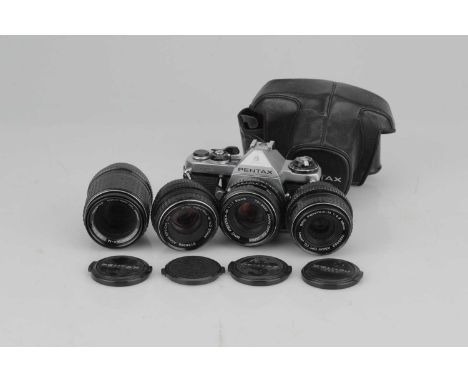 A Pentax ME SLR Camera Outfit,chrome, inclusing Pentax-M f/2 50mm, Pentax-M f/1.7 50mm, Pentax-M f/2.8 28mm and Pentax-M /3.5