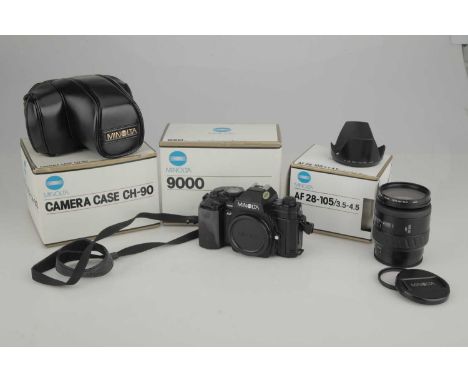 A Minolta Dynax 9000 SLR Camera,with Minolta AF f/3.5-4.5 28-105mm lens, body, G-VG, untested, lens, VG, all in maker's boxes